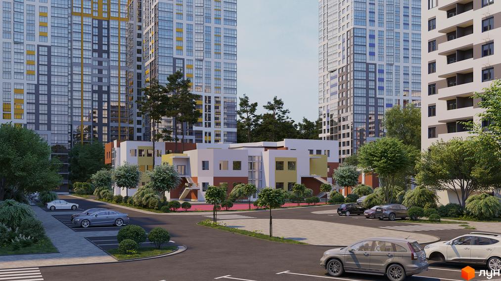 Житловий комплекс Чарівне Місто: багатоповерхові будинки з панорамними вікнами та прибудинкова територія з дитячим садком та парковкою.