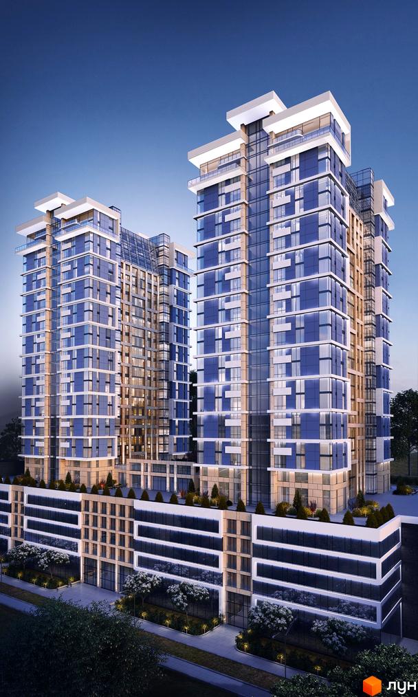 Новобудова Edelweiss House з блакитними та білими фасадами, скляними балконами та терасами. Навколо комплексу зелені насадження та освітлені алеї.