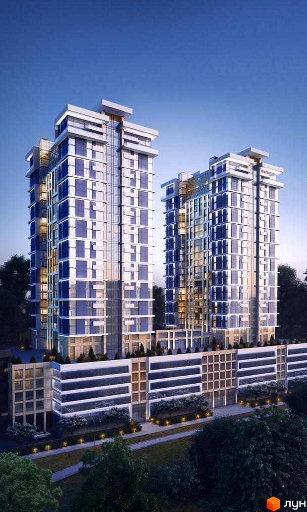 Комплекс Edelweiss House з високими вежами та скляними фасадами, оточений зеленими деревами та доглянутою прибудинковою територією з доріжками та освітленням.