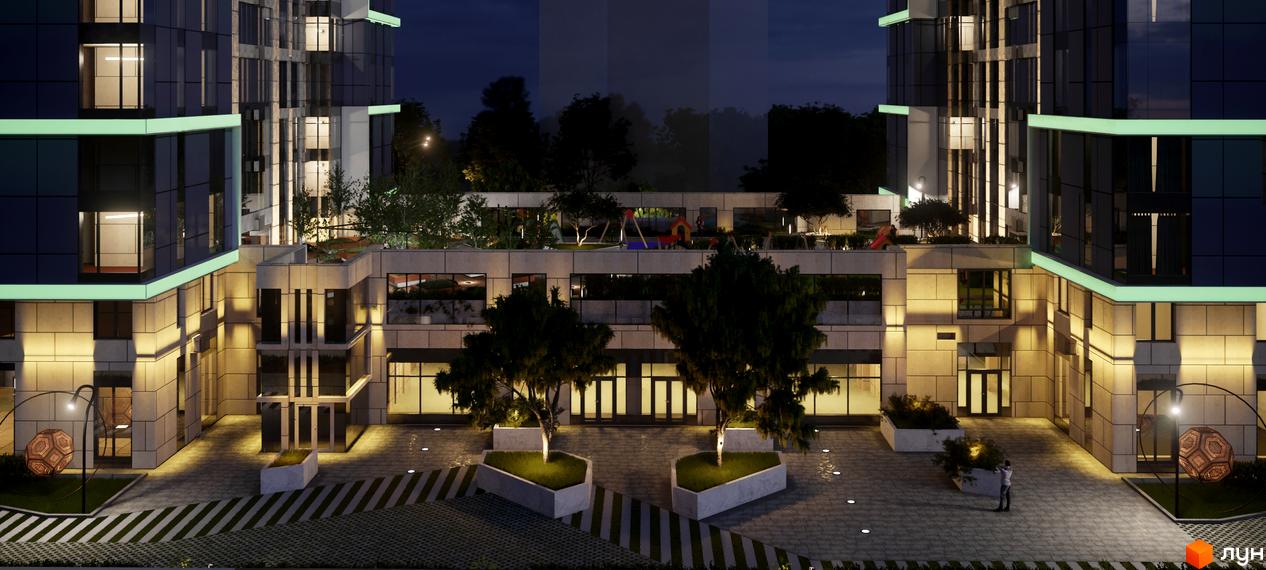 Житловий комплекс Edelweiss House з підсвіченими елементами та просторим внутрішнім двором з дитячим майданчиком. Сучасна архітектура та озеленена територія.