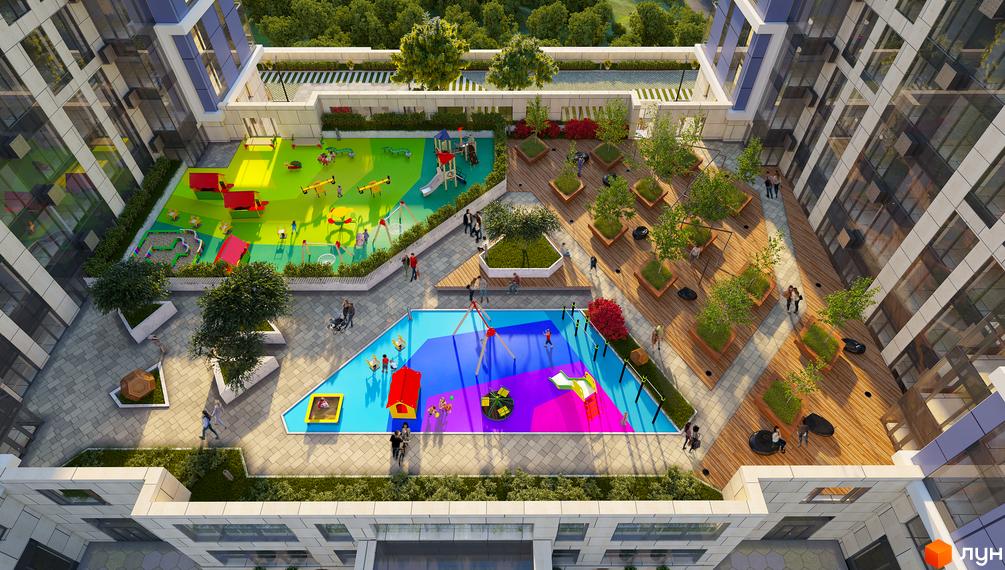 Житловий комплекс Edelweiss House з фасадами з вікон та прибудинковою територією з дитячим майданчиком та зонами відпочинку.