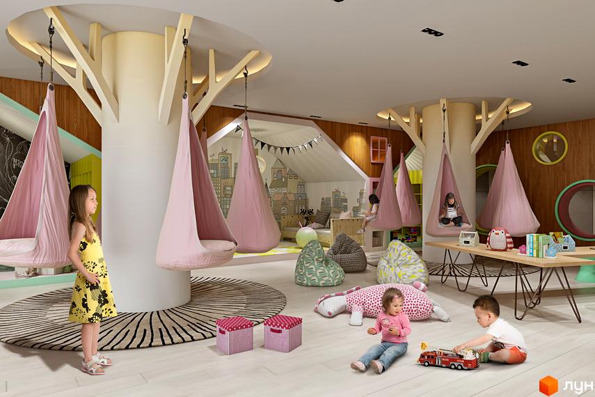 Дитяча кімната в ЖК Edelweiss House з підвісними кріслами-коконами та ігровими зонами. Затишний простір для розвитку та відпочинку дітей.