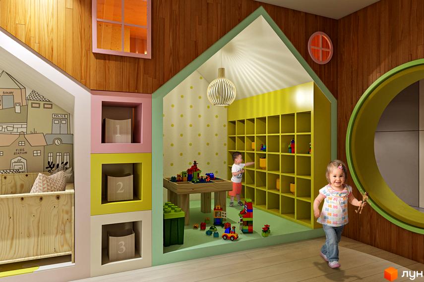 Дитяча кімната в ЖК Edelweiss House з ігровою зоною та стелажами для зберігання іграшок. Яскраві кольори та безпечні матеріали створюють затишну атмосферу для дітей.