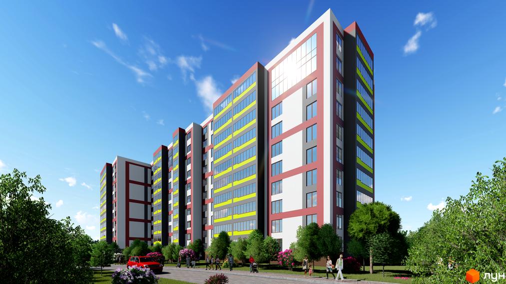 Житловий комплекс Варшавський мікрорайон. Багатоповерхові будинки з яскравими фасадами, скляними балконами та зеленою прибудинковою територією з деревами та пішохідними доріжками.