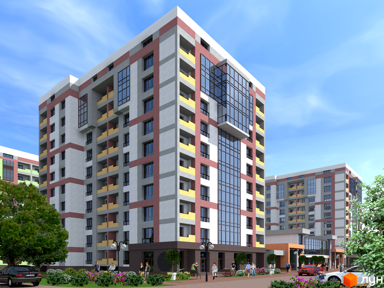 Житловий комплекс Варшавський мікрорайон: фасади будівель з сірими, білими та бордовими елементами, жовті балкони. Прибудинкова територія з деревами, кущами та людьми.