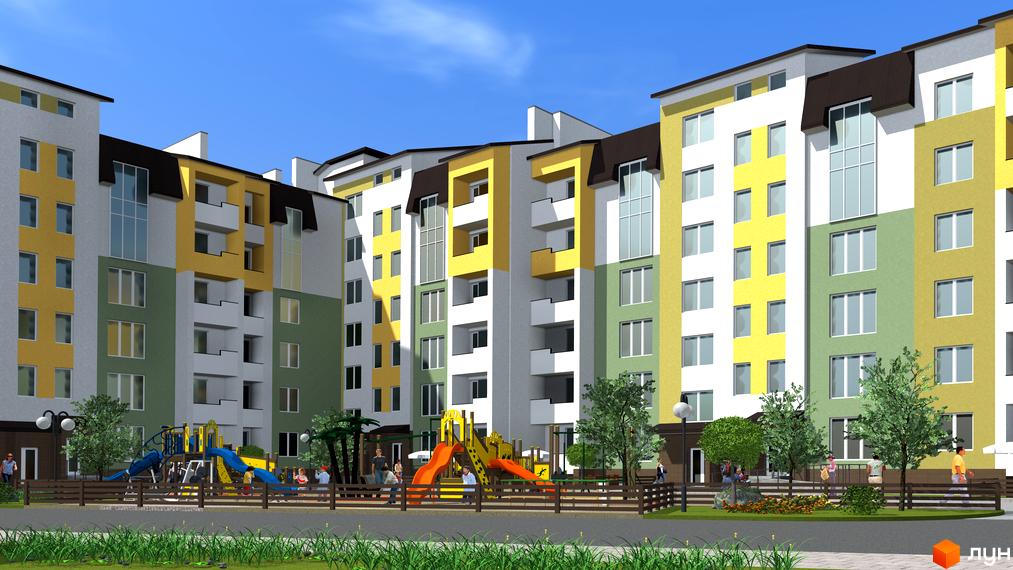 Житловий комплекс Над ставом. Фасади будівель в жовто-зелених тонах з великими вікнами. На прибудинковій території дитячий майданчик та зелені насадження.