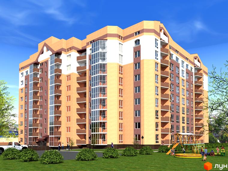 Новобудова на вул. Київська, 5б. Багатоповерховий будинок з балконами та скляними елементами, дитячий майданчик та зелена зона біля будинку.