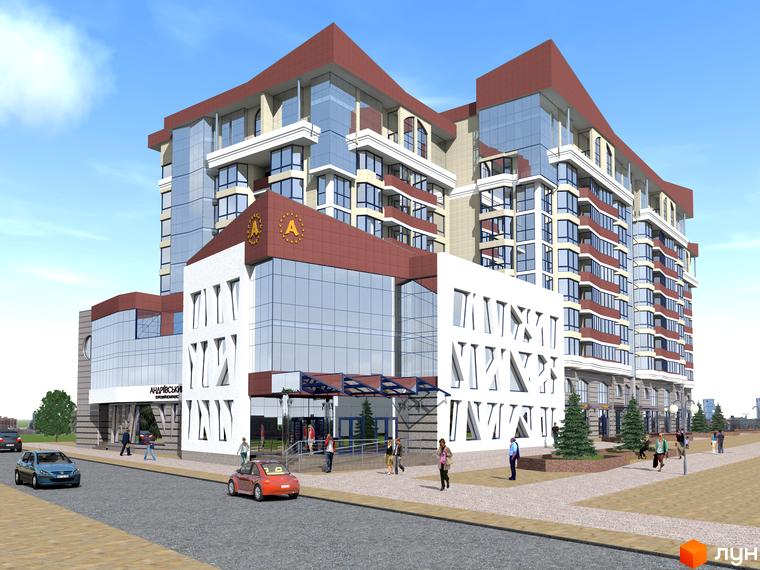 Зображення ЖК Андріївський. Багатоповерховий будинок з скляними фасадами та терасами. На прибудинковій території розташовані тротуари, дерева та парковка.