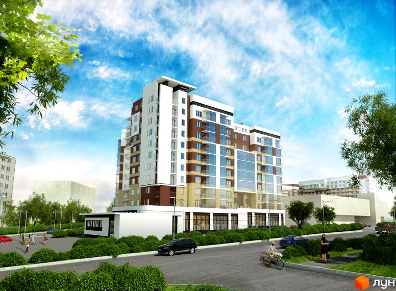 Житловий комплекс Говард - багатоповерхова новобудова з коричневими та білими фасадами, скляними балконами та прибудинковою територією з деревами та дорогою.