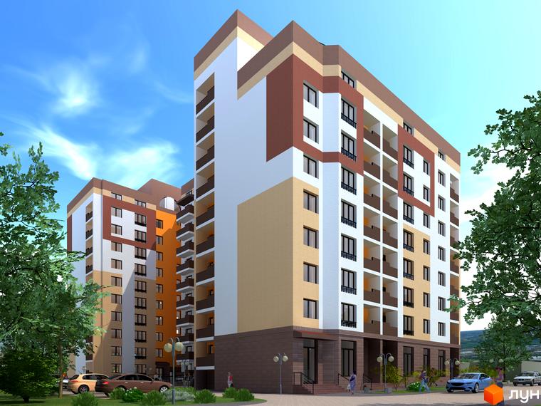 Житловий комплекс Монреаль: багатоповерхові будинки з балконами та паркуванням біля будинку. Прибудинкова територія з деревами та пішохідними доріжками.