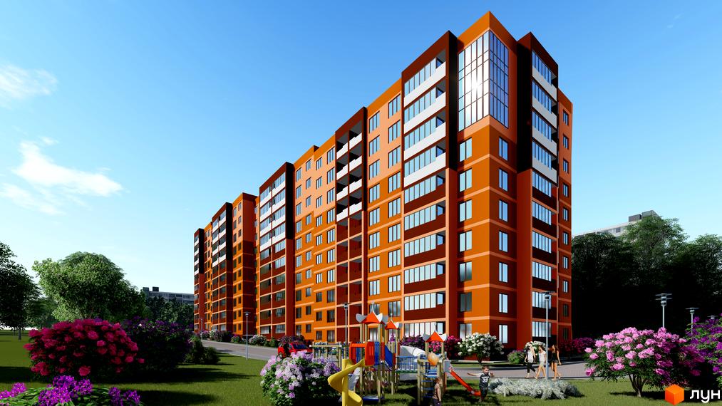 Зображення багатоповерхового будинку Житловий комплекс Парковий комплекс з дитячим майданчиком та зеленим газоном. Навколо будівлі ростуть квіти та дерева.