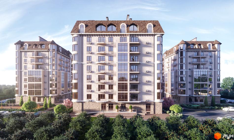 Зовнішній вигляд житлового комплексу Садочок з багаторівневими фасадами, балконами та панорамними вікнами, що оточений зеленою прибудинковою територією з деревами та місцями для паркування.