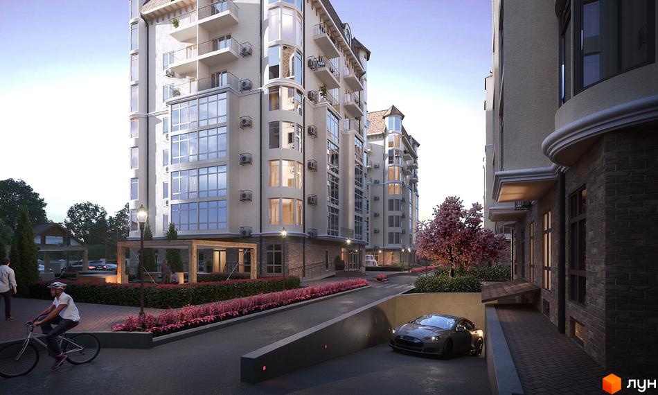 Житловий комплекс Садочок з фасадами білої штукатурки та великими вікнами. Прибудинкова територія з доглянутими клумбами та місцями для відпочинку.