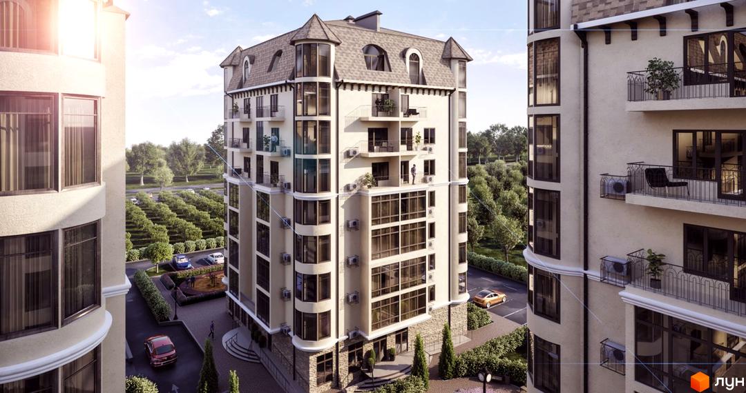 Житловий комплекс Садочок - це багатоповерхова новобудова з вишуканою архітектурою та мансардним дахом, розташована серед зеленої прибудинкової території з деревами та місцями для паркування.