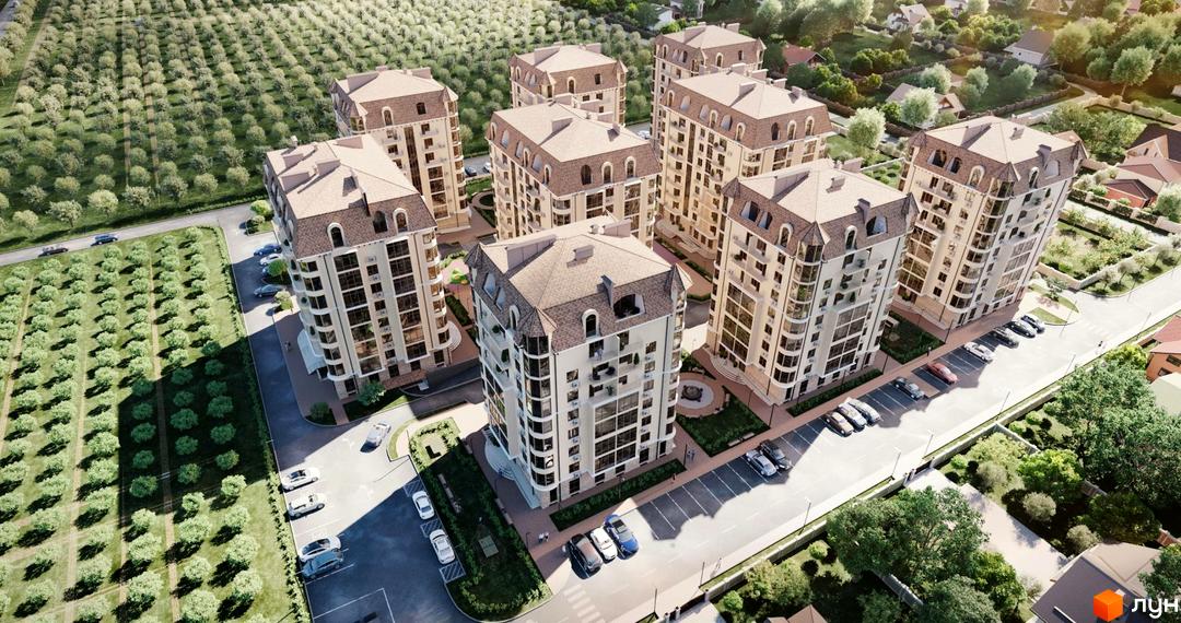 Житловий комплекс Садочок з багатоповерховими будинками та доглянутою прибудинковою територією з деревами та парковкою.