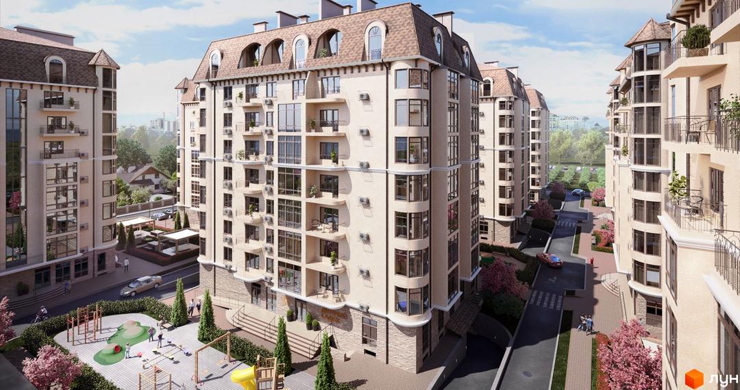 Зовнішній вигляд житлового комплексу Садочок з багатоповерховими будинками та прибудинковою територією з дитячим майданчиком. Фото новобудови.
