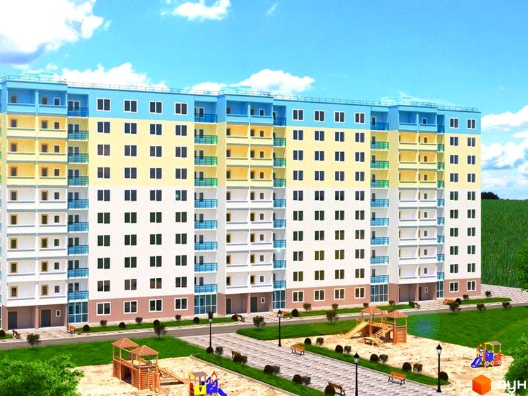 Багатоповерховий житловий комплекс на вулиці Параджанова, 7, з яскравим фасадом та дитячим майданчиком на прибудинковій території.