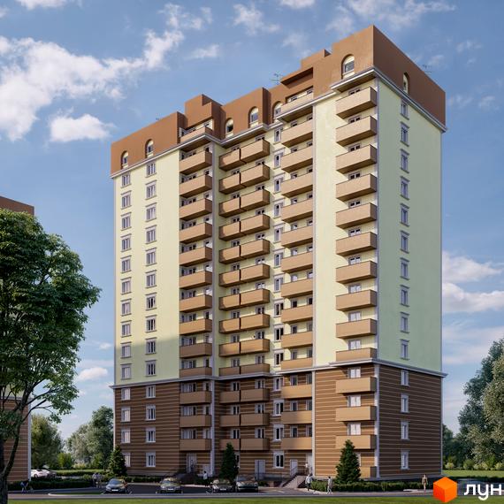 Зображення багатоповерхового будинку в Житловому комплексі Покровський Двір з балконами. Навколо зелена територія та припарковані автомобілі.