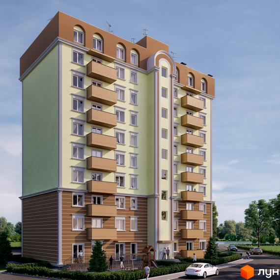 Житловий комплекс Покровський Двір: багатоповерховий будинок світло-жовтого кольору з коричневим цоколем та балконами. Територія облаштована зеленню та дитячим майданчиком.