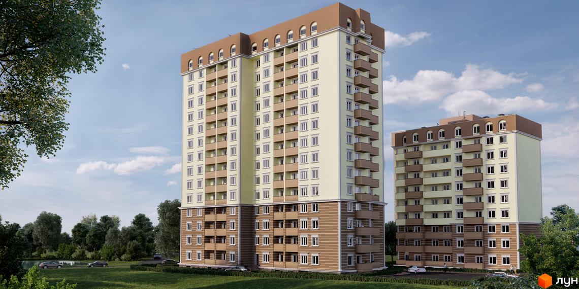 Житловий комплекс Покровський Двір з багатоповерховими будинками світлого кольору та коричневими елементами. Навколо зелені насадження, дорога та припарковані автомобілі.