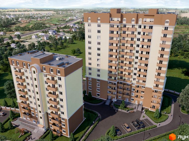 Зображення Житлового комплексу Покровський Двір. Вигляд багатоповерхового будинку з балконами та прибудинковою територією з паркінгом.