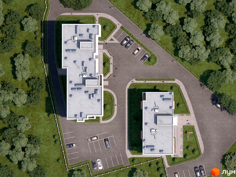 Аерофотографія Житлового комплексу Покровський Двір з двома багатоповерховими будинками, парковками, зеленими зонами та дитячим майданчиком.