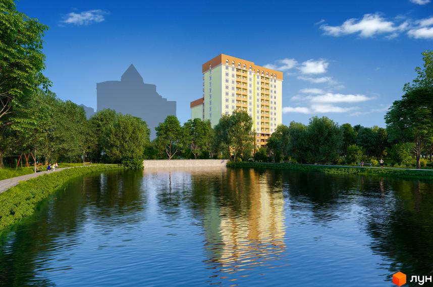Зображення Житлового комплексу Покровський Двір з видом на будівлю та озеро. Навколо будинку зелені дерева та пішохідні доріжки.