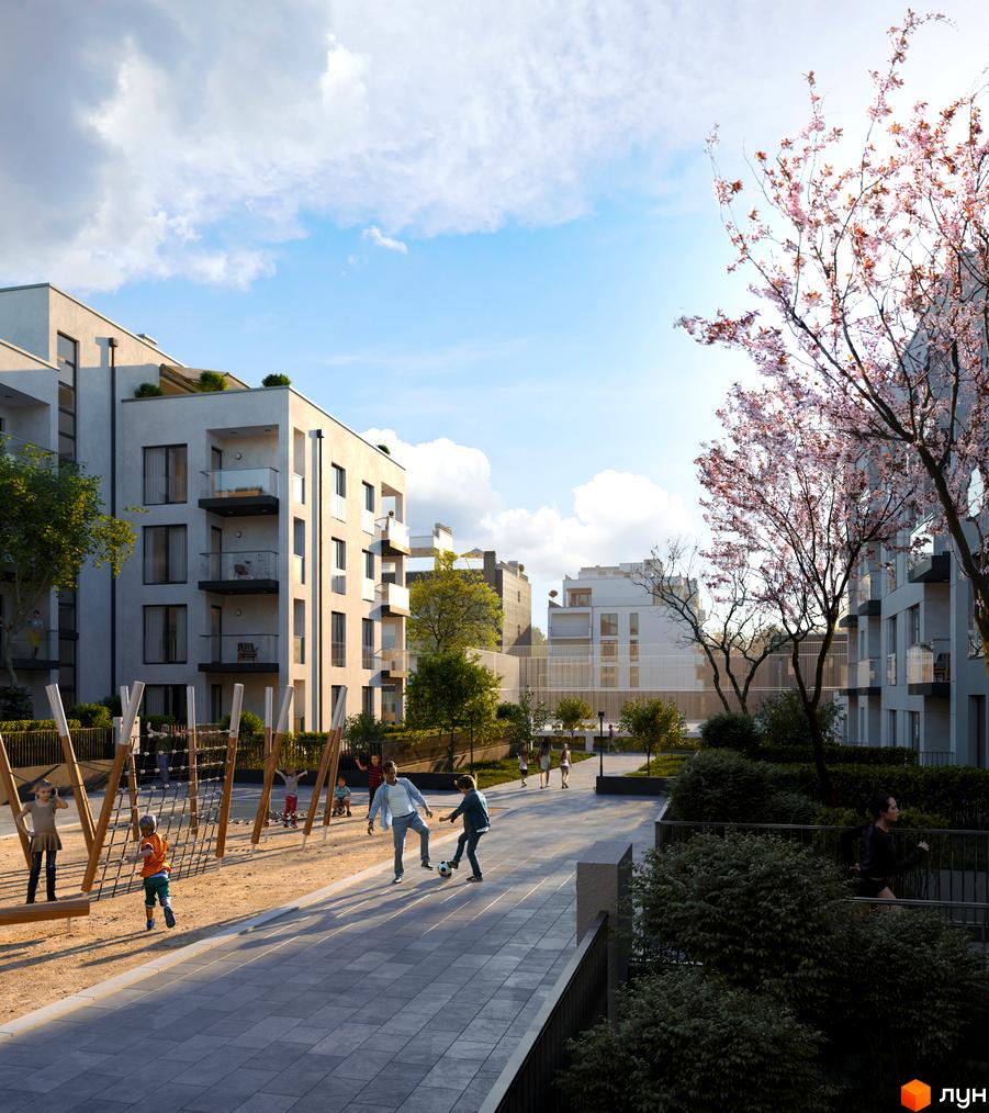 Житловий комплекс Villa Magnolia Spring. Сучасна архітектура будинків та зелена прибудинкова територія з дитячим майданчиком та місцями для відпочинку.