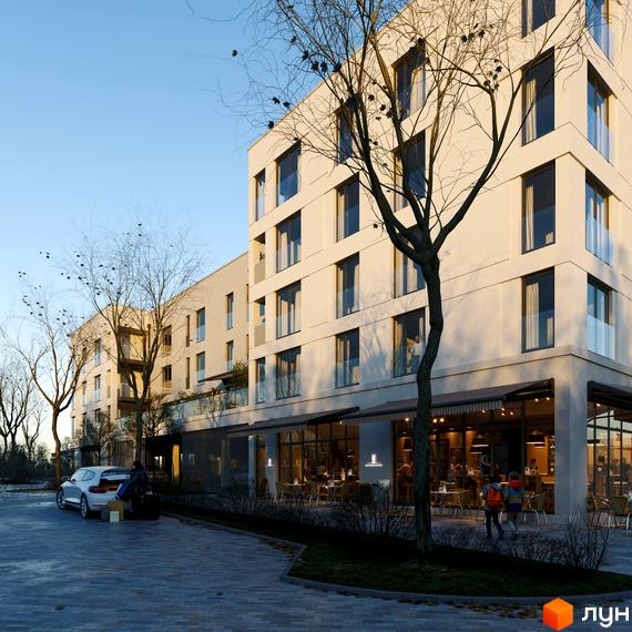 Зовнішній вигляд новобудови ЖК Villa Magnolia Spring з фасадом світлого кольору та великими вікнами. Прибудинкова територія з деревами, парковкою та людьми.