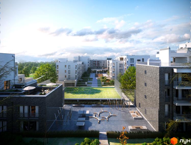 Житловий комплекс Villa Magnolia Spring. Сучасні багатоквартирні будинки з цегляним фасадом та зеленою прибудинковою територією з дитячим майданчиком та зоною відпочинку.