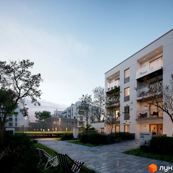 Житловий комплекс Villa Magnolia Spring. Сучасні білі будинки з балконами та зелена прибудинкова територія з місцями для відпочинку.