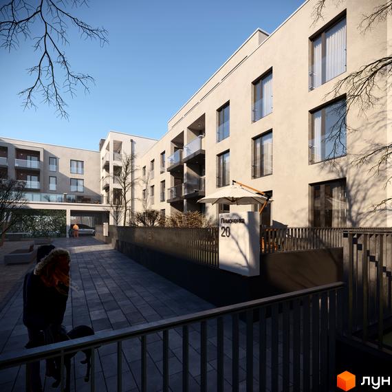 Зовнішній вигляд новобудови ЖК Villa Magnolia Spring з балконами та вікнами. Прибудинкова територія з доріжками та огорожею.