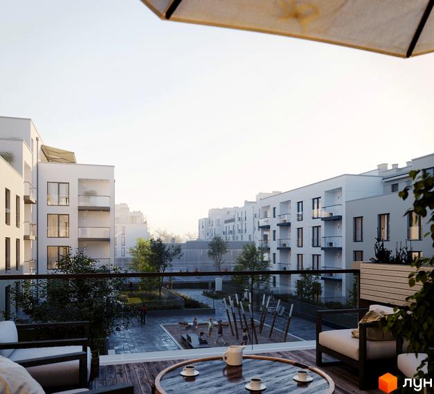 Новобудова ЖК Villa Magnolia Spring. Балкон з видом на внутрішній двір з дитячим майданчиком та зеленими зонами.