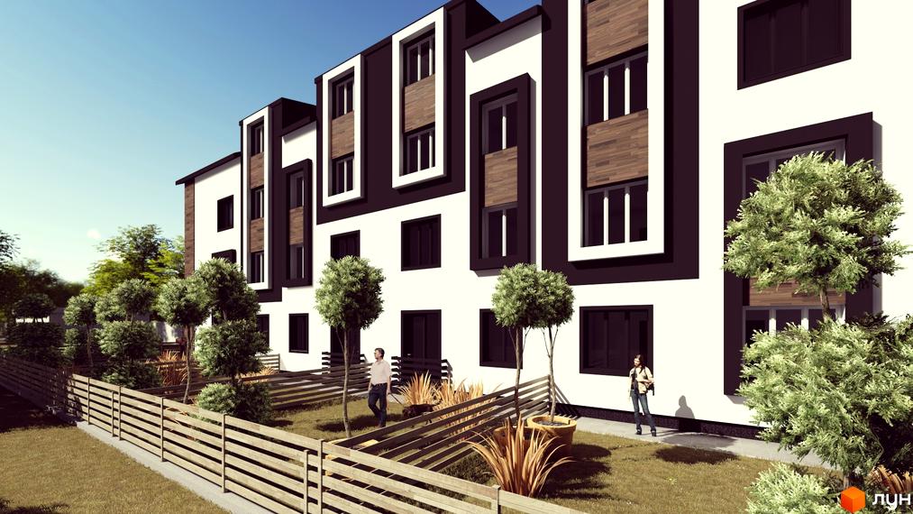 Житловий комплекс Вілла Бельведер - фасади будівель з темними та світлими елементами, вікнами та дерев'яними вставками. Прибудинкова територія з деревами, парканом та зоною відпочинку.