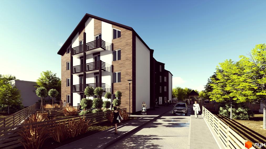 Житловий комплекс Вілла Бельведер: фасади з дерев'яними та білими вставками, балкони, зелена прибудинкова територія з парканом та деревами.