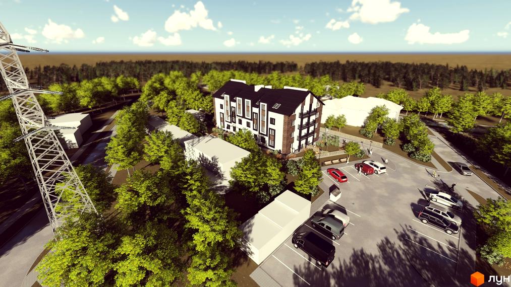 Житловий комплекс Вілла Бельведер: триповерхова будівля з білою та коричневою обробкою, чорним дахом та балконами. Навколо будівлі розташовані зелені дерева та парковка з автомобілями.