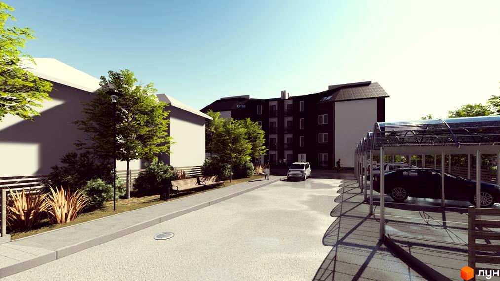 Житловий комплекс Вілла Бельведер. Фасад будинку та прибудинкова територія з парковкою та зеленими насадженнями.