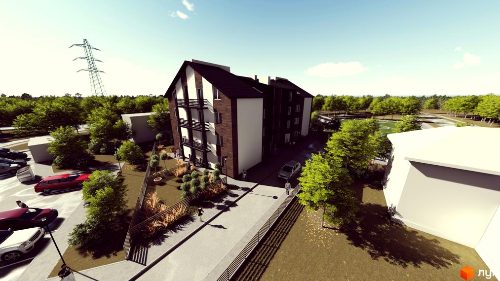 Житловий комплекс Вілла Бельведер – багатоповерхова будівля з темним дахом та комбінованим фасадом, оточена парковкою та зеленими насадженнями.