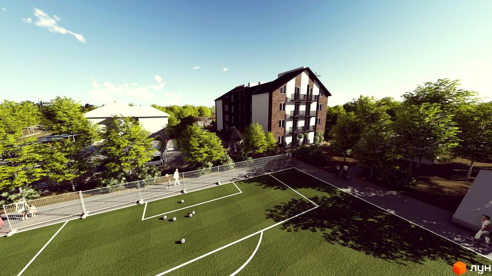 Житловий комплекс Вілла Бельведер з фасадом з коричневої цегли та білих панелей, з балконами та вікнами. На прибудинковій території розташовані зелені дерева та футбольне поле.