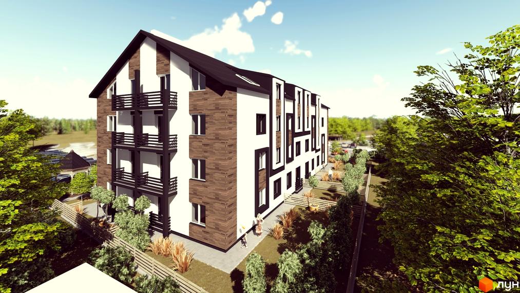 Житловий комплекс Вілла Бельведер: фасади будівель з коричневою плиткою та балконами, зелена прибудинкова територія з деревами та парканом.