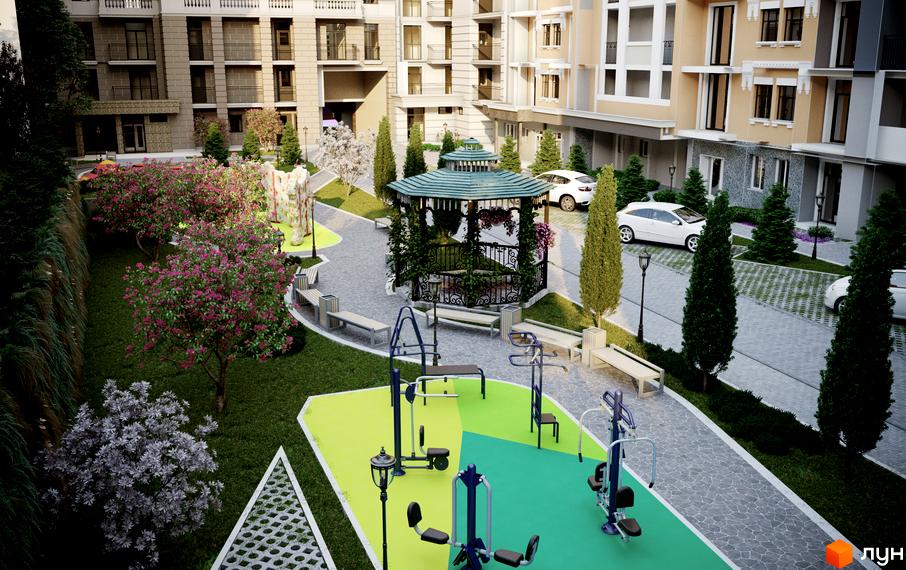 Житловий комплекс Подол Град Vintage. Архітектура житлового будинку з фасадом світлих тонів. На території комплексу є альтанка, спортивний майданчик, зелені насадження та парковка.