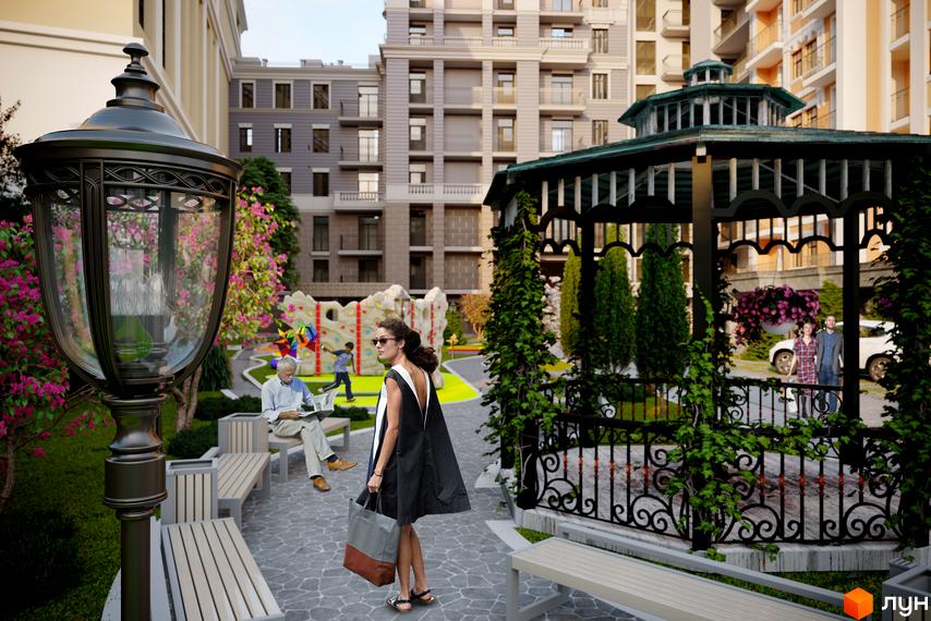 Зображення Житлового комплексу Подол Град Vintage з прибудинковою територією: ландшафтний дизайн, лавки, ліхтарі та альтанка. Вигляд новобудови.