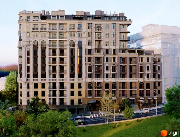 Зображення сторінки ЖК Подол Град Vintage. Багатоповерховий будинок з балконами, арками та колонами. На передньому плані зелені насадження та дорога.