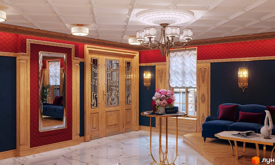 Інтер'єр Житлового комплексу Подол Град Vintage: вітальня з диваном, журнальним столиком та декором. Дзеркало відображає частину кімнати.