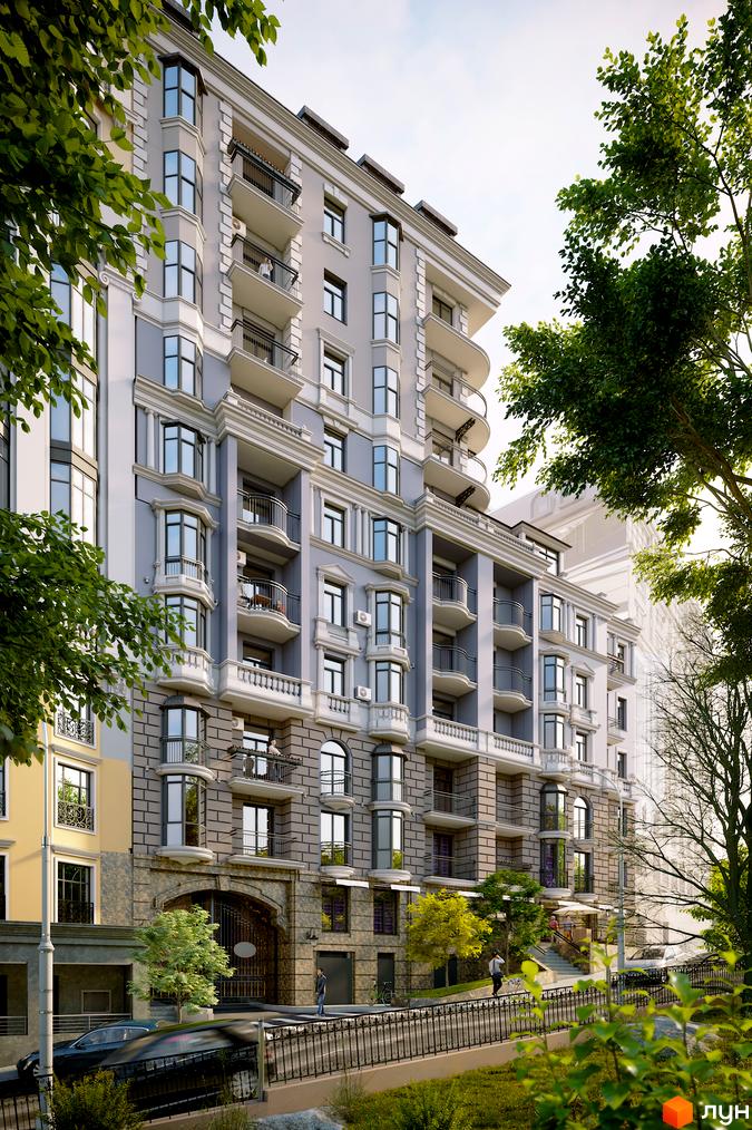 Зображення фасаду та прибудинкової території Житлового комплексу Подол Град Vintage. Багатоповерховий будинок з балконами та великими вікнами.