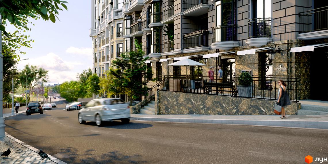 Зображення фасаду Житлового комплексу Подол Град Vintage з терасою ресторану. Вид на вулицю з автомобілями.