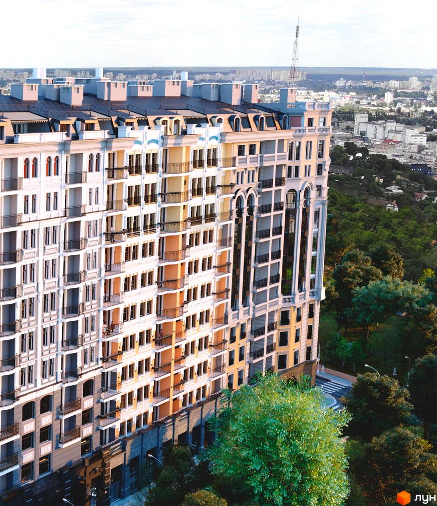 Зображення будинку Житлового комплексу Подол Град Vintage. Багатоповерхова будівля з балконами та великими вікнами, поруч дерева.