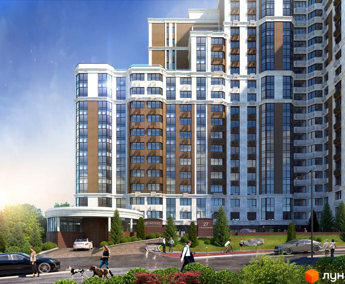 Фасад житлового комплексу Шевченківський з коричневими та білими елементами, великими вікнами та балконами. На прибудинковій території зелені насадження, доріжки та люди.