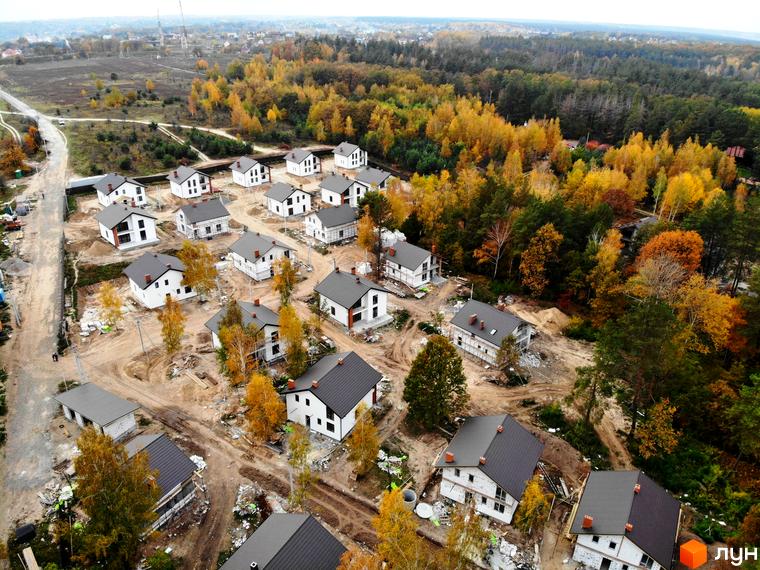 Котеджне містечко КМ Ліс та Озеро: вид згори на білі будинки з темними дахами, оточені осіннім лісом та будівельним майданчиком. Затишна атмосфера новобудови.