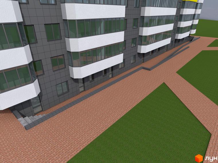 Зовнішній вигляд новобудови ЖК Вільямса з сірими та білими фасадами, скляними балконами та вимощеною територією. Навколо комплексу - зелена галявина та доріжки з бруківки.